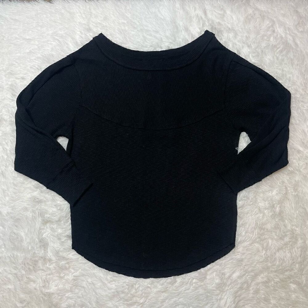 FREE PEOPLE Waffle Knit Thermal XS Black Off the Shoulder Sweater